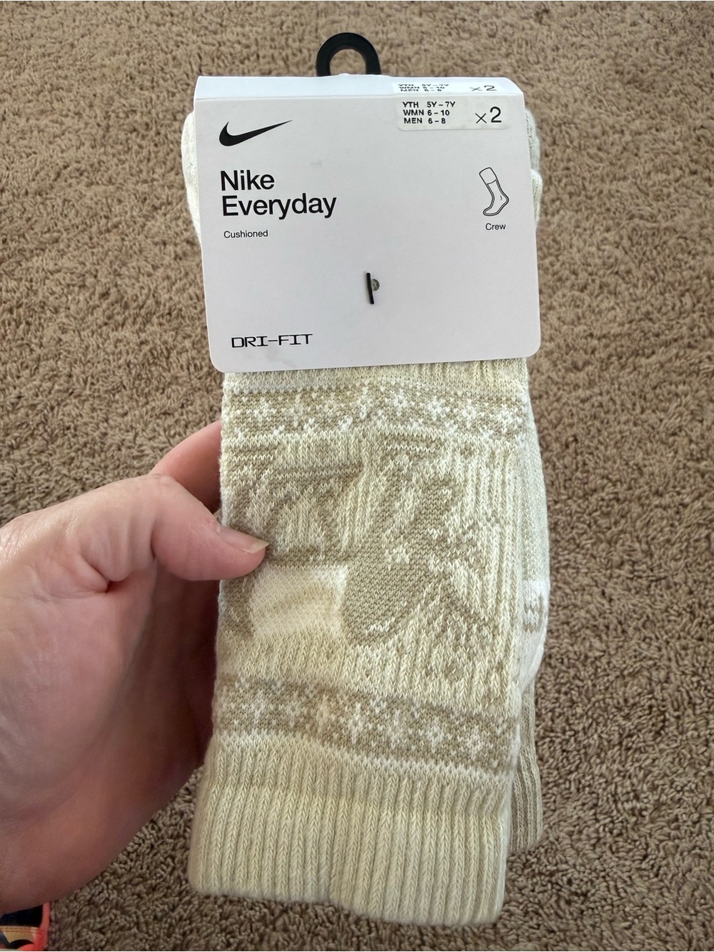 Nike Cream Patterned Everyday Dri-FIT Crew Socks - 2 Pack